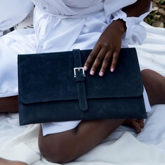 Luxury Midnight Blue Leather Suede Envelope Bag